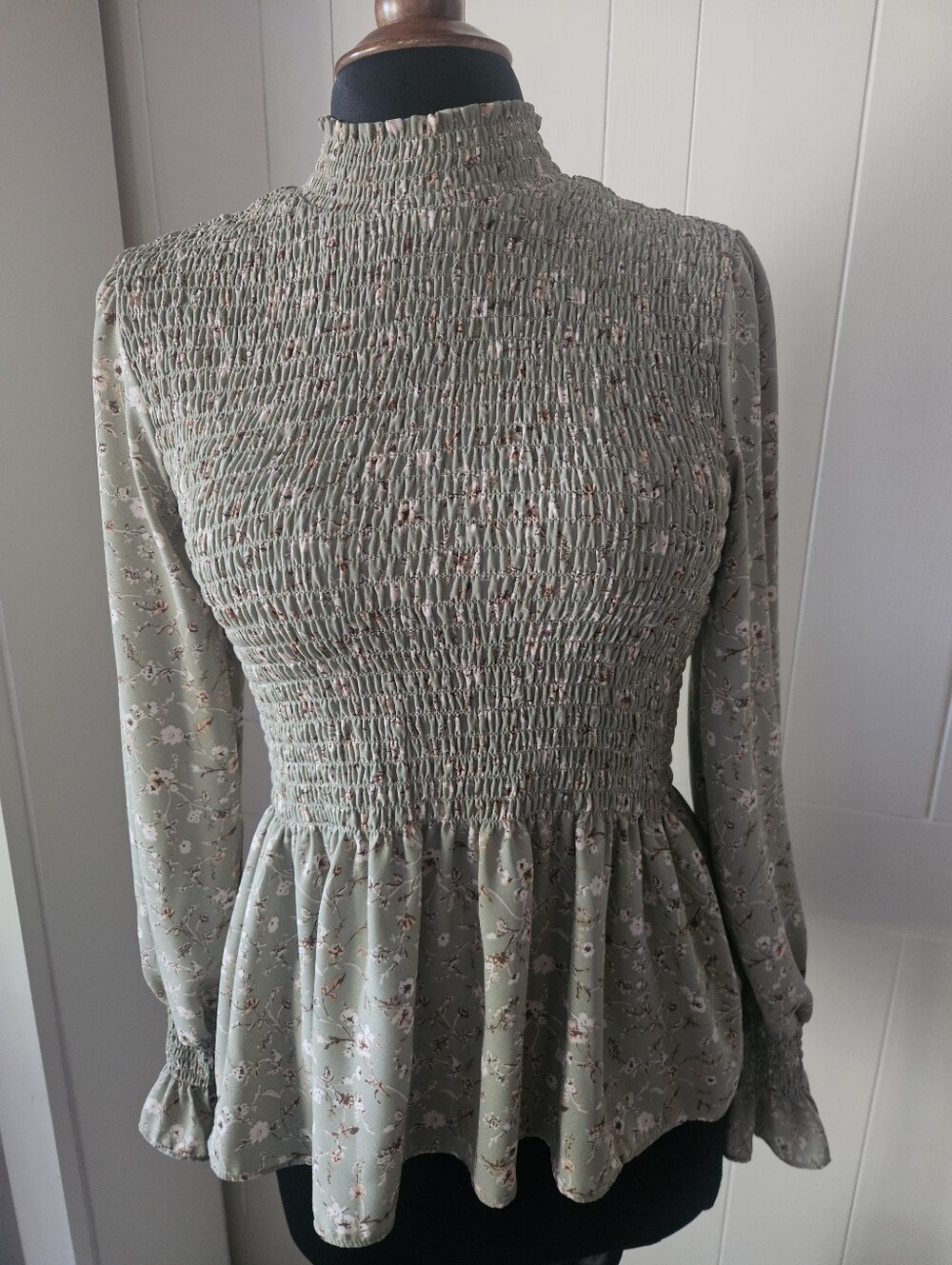 Smocked High-Neck Floral Peplum Dress - Sage Green - Cottagecore Boho